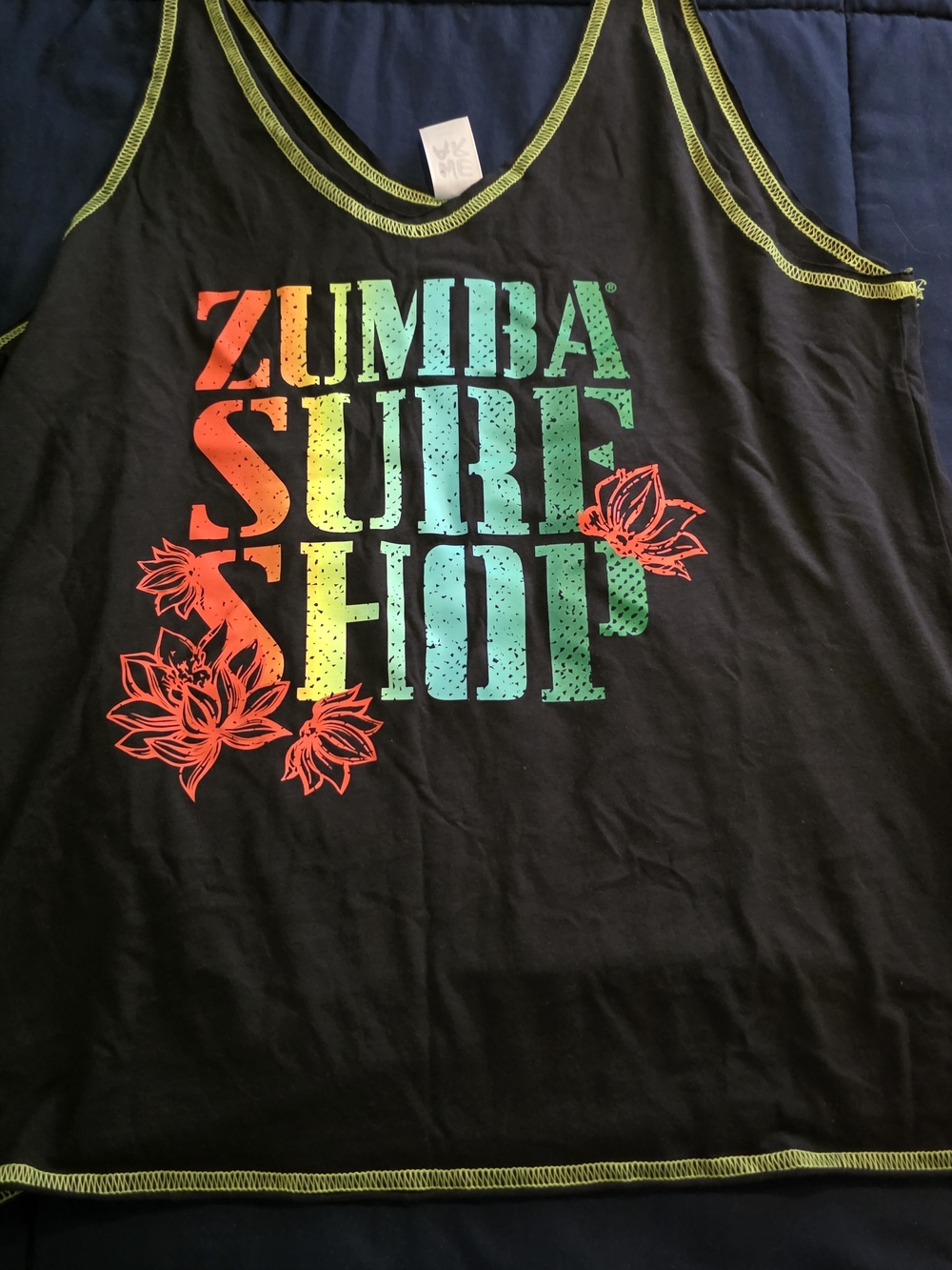 Zumba Fitness Black Tank with Neon Yellow Stitching and Teal Print